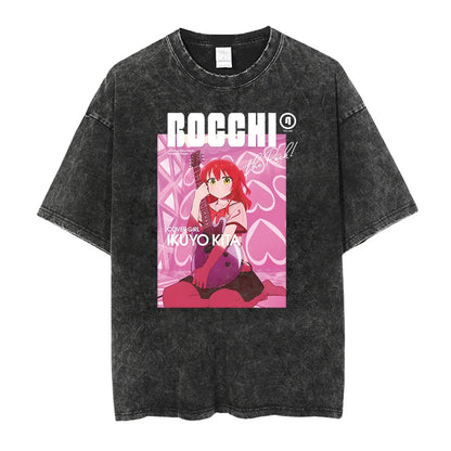 Men’s Oversized Bocchi Club Printed T-Shirt – Anime Music Band Washed Cotton Tee