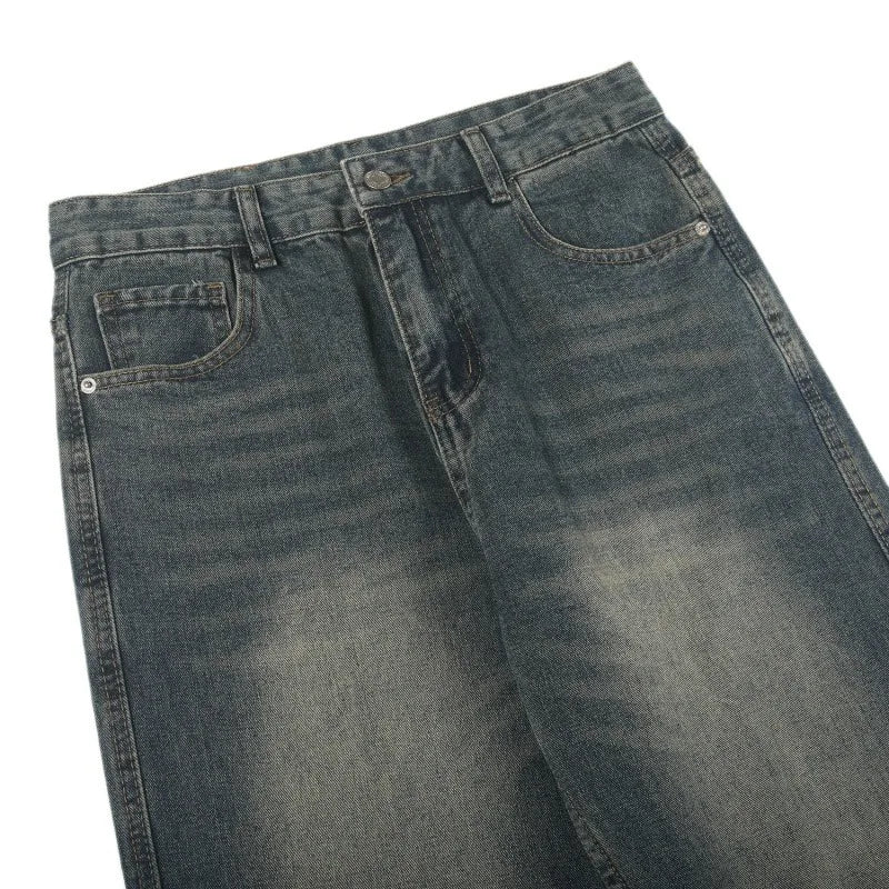 Korean Street Retro Washed Black Loose Straight Cat Whisker Y2K Wide-Leg Jeans - Man