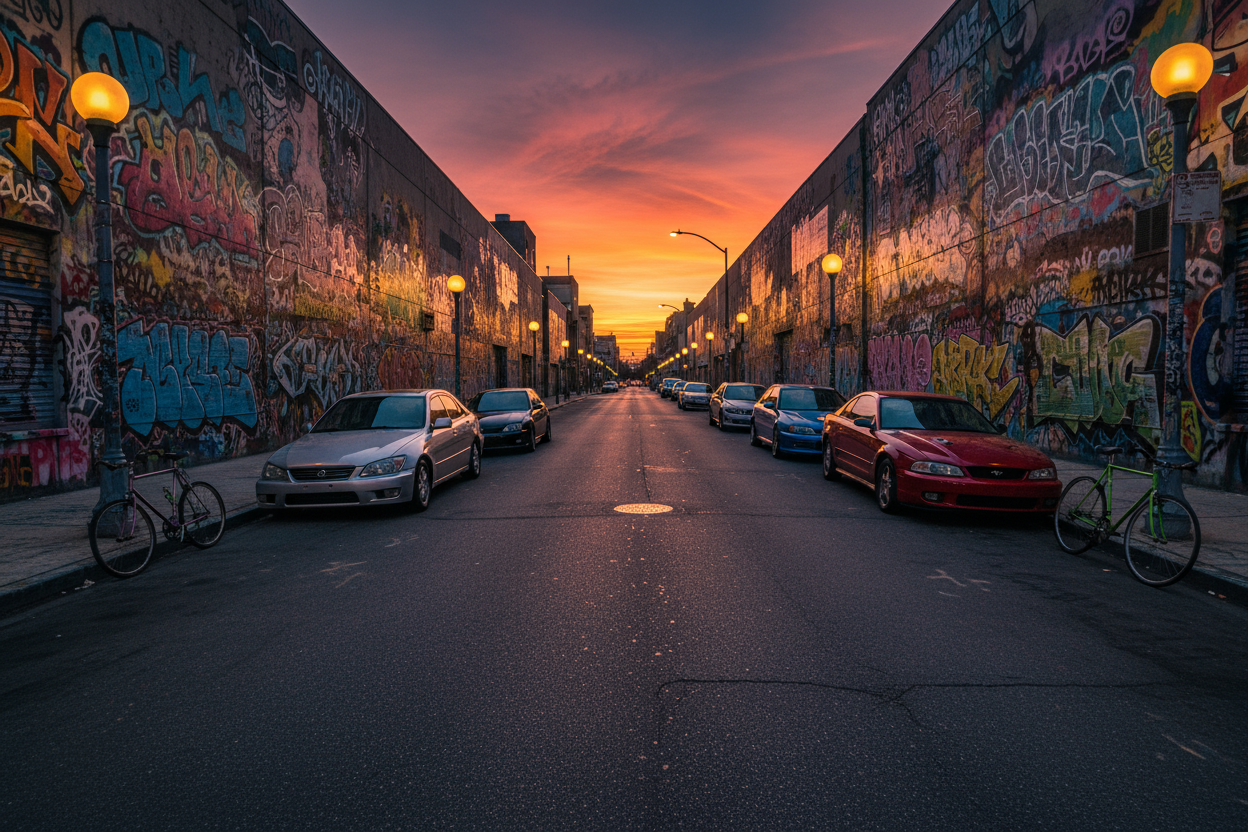 give a street but straight, around like 6-7 pm the sunset almost finished. add some light to the road and the walls are graffitted and the is some old classic y2k style cars and bycles. the perpecif fom beginning of the strret 