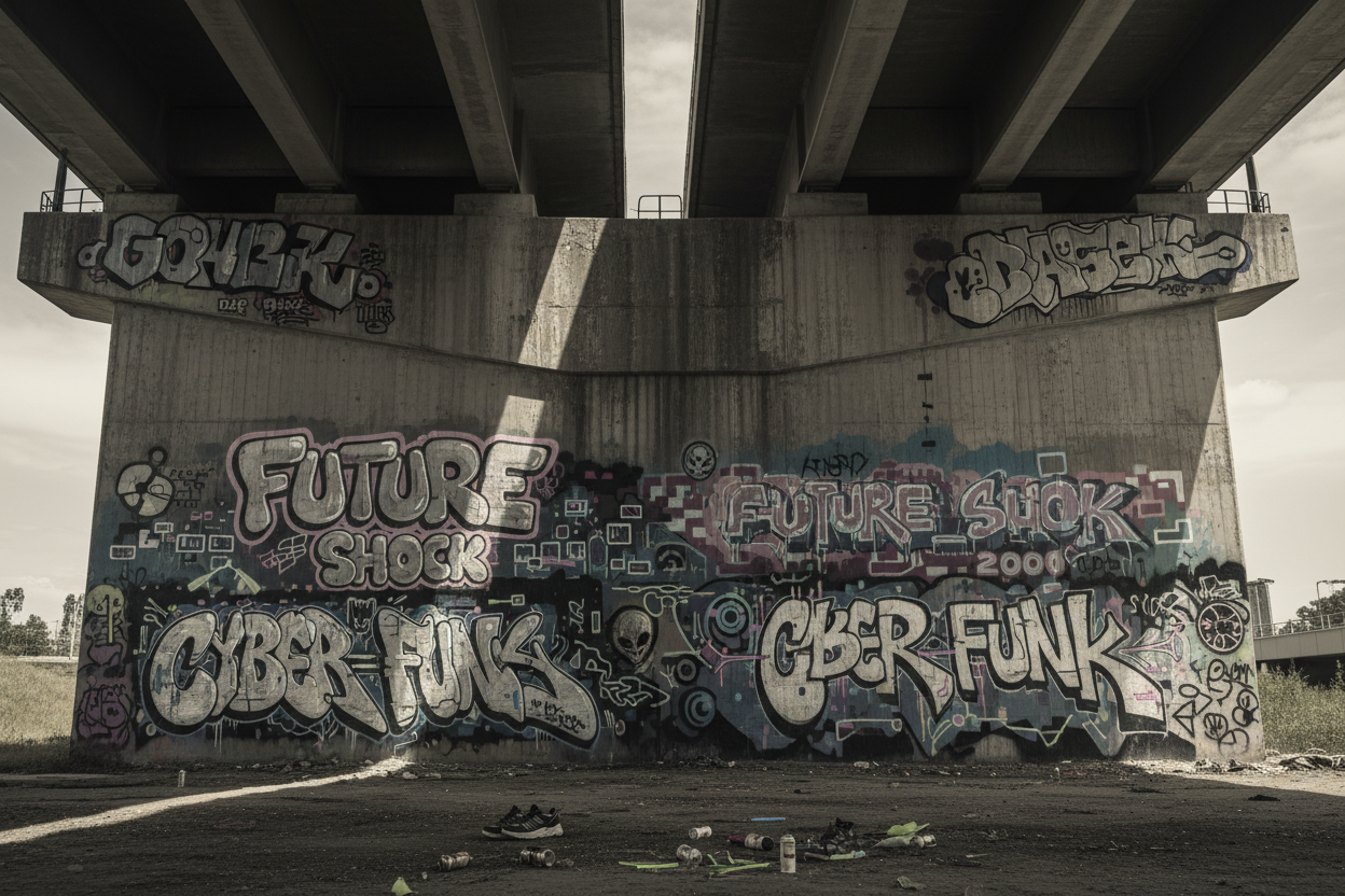 y2k concept street graffiti on the wall but the wall is under the bridge not too much bright color. and make it cool for my mac wallpaper look at the bridge from felt corner